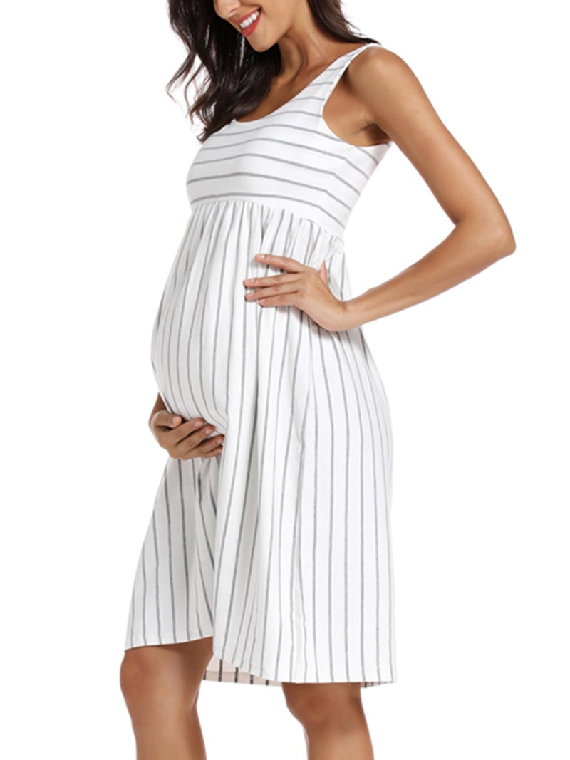 Ecavus Womens Maternity Tank Dress Stripe Color Block Sleeveless Knee Length for Baby Shower - Image 3